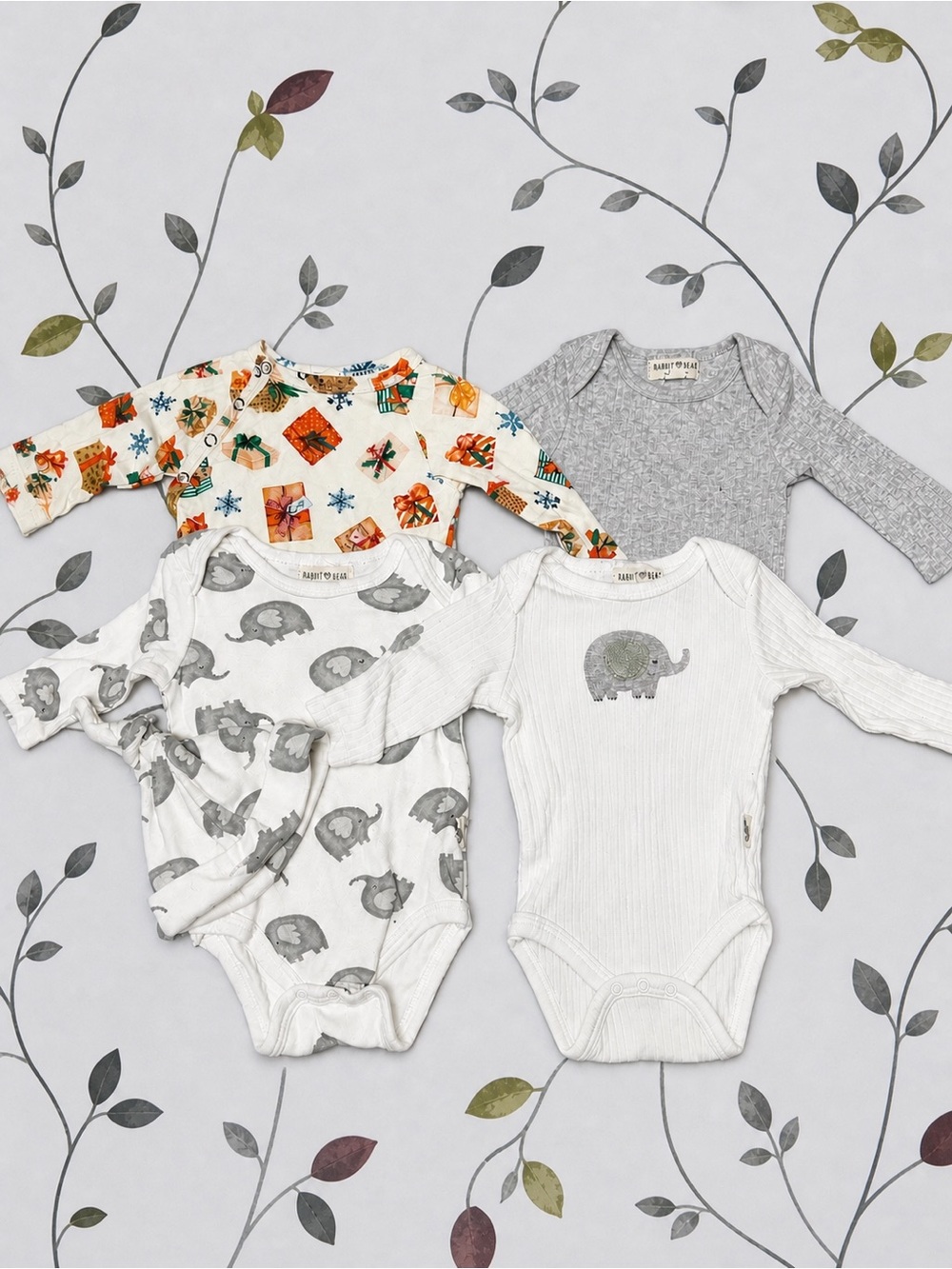 Baby One-Piece Bodysuit Set - Neutral Gray & Cream Elephant and Gift Prints